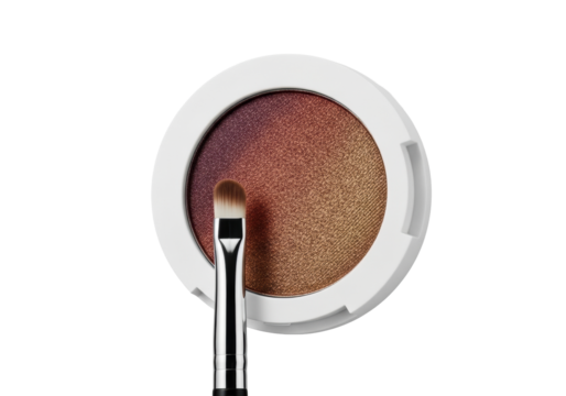 Luxury shimmer eyeshadow in a circular pan at 45-degree angle, iridescent gradient from reddish-brown to metallic gold, clean blending brush poised, on transparent with no shadows. Concept of high-end - Powered by Adobe