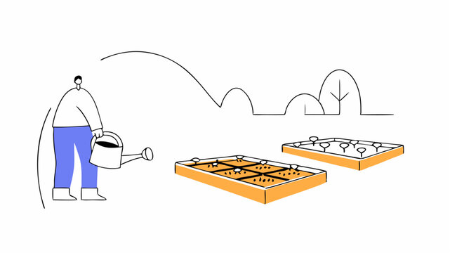 Neighbors setting up a community garden plot with raised beds and seeds being planted while one person holds a watering can ready to nurture the new plants.