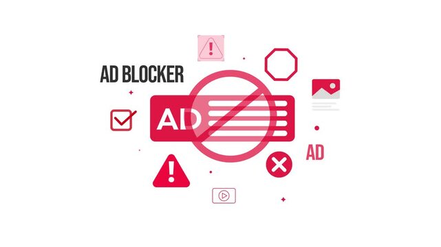 Ad block notification appearing on the white backdrop 4k animation. Ad blocker, ads, red, social media