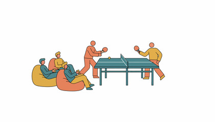 Obraz premium Four people enjoying office recreation, with two individuals actively playing table tennis and two others relaxing on bean bag chairs and holding electronic devices, all on a transparent background