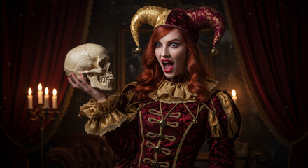 Female jester holding skull on dramatic stage