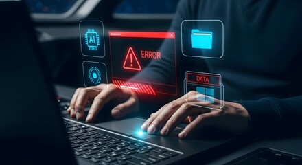 Cybersecurity expert working on a laptop with glowing futuristic interface showing error messages and data analysis, representing digital security and technology