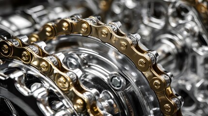 Golden bicycle chain in sharp focus, connecting and moving smoothly around a shiny silver gear system, illustrating precision engineering and power transmission