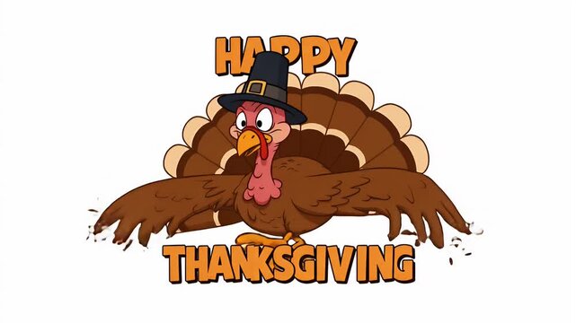 A cartoon turkey with a pilgrim hat, spreading its wings, with "Happy Thanksgiving" text
