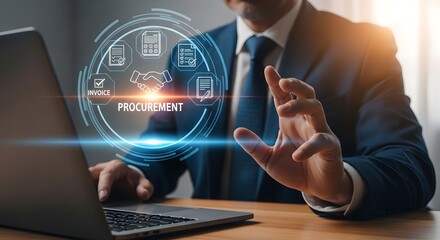 Businessman interacting with a digital interface displaying procurement process icons and text, symbolizing supply chain management and business operations