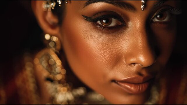 Ultra close-up of a dark-skinned Indian Malayalee woman applying black kajal with regal grace, glowing crown light above her head. Ideal for beauty, culture, and editorial luxury concepts.