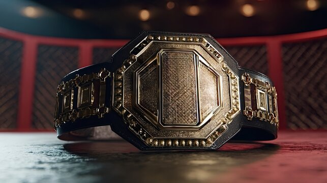 Ultimate fighting championship gold belt representing sport achievement and success, resting on a wet floor inside an octagon ring after a competitive match