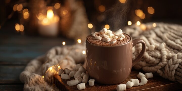 A steaming mug of hot cocoa topped with marshmallows