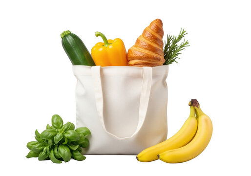 A plain white reusable canvas tote bag, yellow bell pepper, croissant peeking, zucchini, basil, bananas, rosemary arranged on transparent background, bright studio light, concept for fresh grocery
