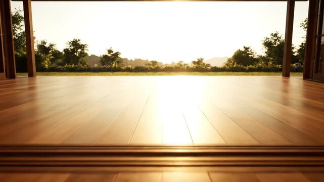 Sunlit wooden terrace floor with a beautiful view of the natural landscape at sunrise, a serene empty space for relaxation and mindfulness