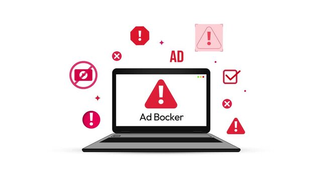 Ad blocker warning in red showing on the laptop screen with floating shapes, 4k animation. Error, ad block