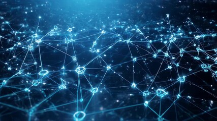 Glowing blue network of interconnected shapes, resembling data, technology, and digital connections in a depth of field - Powered by Adobe