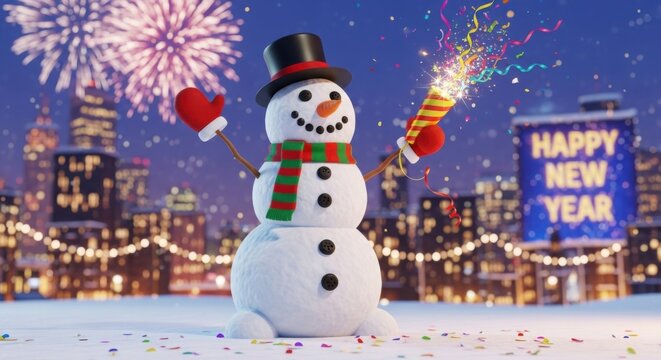 Festive snowman celebrating new year's eve with fireworks display in the city - Powered by Adobe