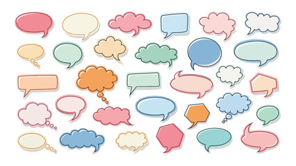 Collection of hand-drawn speech bubbles and text boxes various shapes and colors for creative design projects and communications