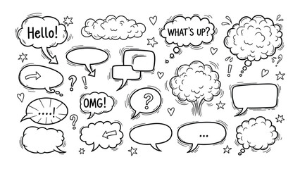 Hand drawn speech bubbles and thought clouds collection diverse shapes and styles for comics messaging communication