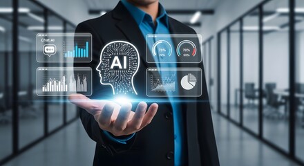 Businessman holding a glowing hologram of an ai head with data charts and graphs, representing artificial intelligence and futuristic technology in a modern office setting