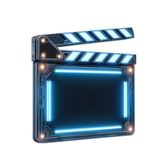 Futuristic glowing neon blue clapperboard for filmmaking and video production isolated on transparent background