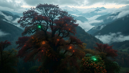 A futuristic hillside village harmoniously blended with autumn nature, modern glass houses with glowing warm lights nestled among crimson and gold trees.