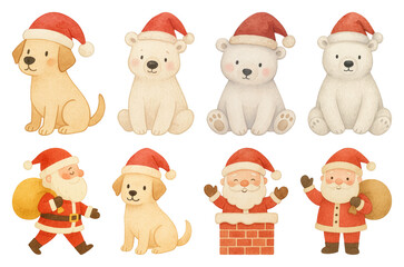 Obraz premium PNG Cute festive animals and Santas, element set on transparent background