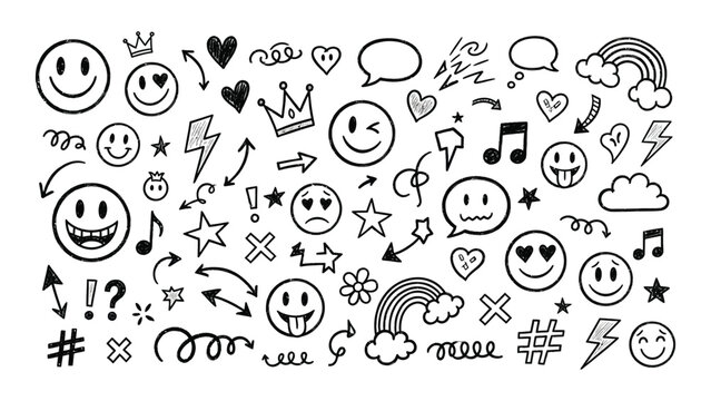Naklejki Doodle smiley faces hearts rainbows music notes and arrows collection fun hand drawn elements for creative projects