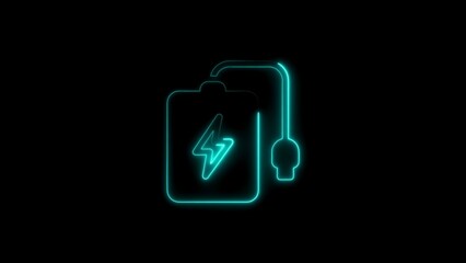 Cyan neon battery charging icon with lightning bolt on black background image photo
