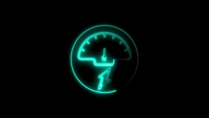 Cyan Neon Gauge Icon with Lightning Bolt on Black Background meter