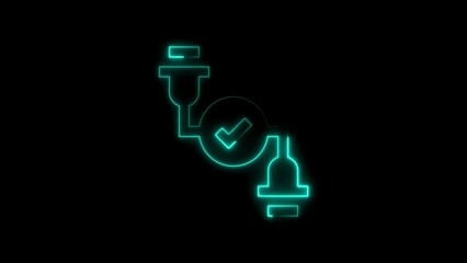 Cyan Neon Icon of Two Plugs Connected with a Checkmark on Black Background connection symbol