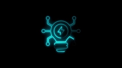 Cyan Neon Light Bulb Icon with Circuit Board Connections and Lightning Bolt Symbol on Black Background