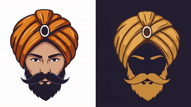 Stylized portraits A turbaned man with mustache and beard against white and dark backgrounds
