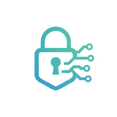 Minimalist cyber security padlock logo with circuit lines