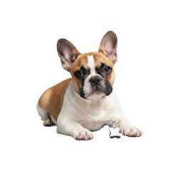 Fototapeta premium Fawn and white French Bulldog puppy, bat-like ears, gentle eyes, reclining on transparent seamless background with a silver pet tag, looking at viewer, pet product advertisement concept