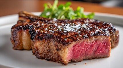 A juicy ribeye steak, cooked to perfection with a rich sear and tender interior, plated beautifully and ready for a delightful culinary experience.
