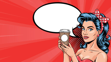 A young woman in pop art style with a cup of coffee and a speech bubble. On a red background. Vector illustration in pop art style.