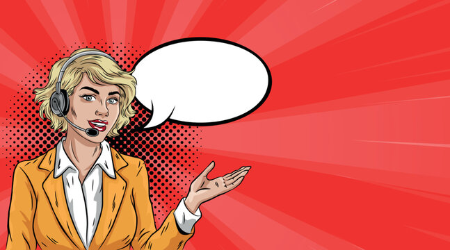 Young female operator wearing a speech bubble. Vector illustration in pop art comic style.