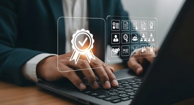 Business professional working on a laptop with a glowing quality assurance certification icon and various business process icons, symbolizing standards and excellence in operations