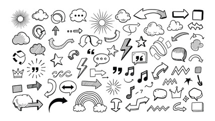 Hand drawn doodle icons collection featuring arrows clouds stars musical notes and abstract symbols for creative projects