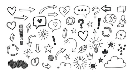 Collection of hand drawn doodle icons and symbols for creative projects and presentations including arrows hearts stars and more
