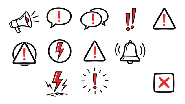 Collection of hand-drawn warning icons including megaphone exclamation mark alert symbols and danger signs for notifications