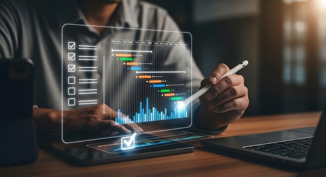 Businessman using a stylus to interact with a futuristic holographic gantt chart project management interface on a tablet, symbolizing planning and organization