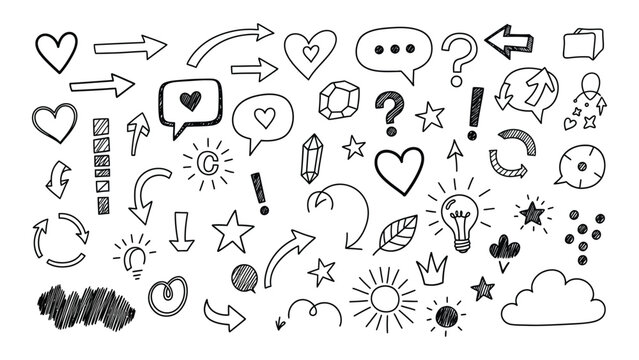 Collection of hand drawn doodle icons and symbols for creative projects and presentations including arrows hearts stars and more