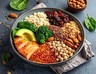 Nutritious Bowl with Salmon Avocado and Quinoa on Blue Surface