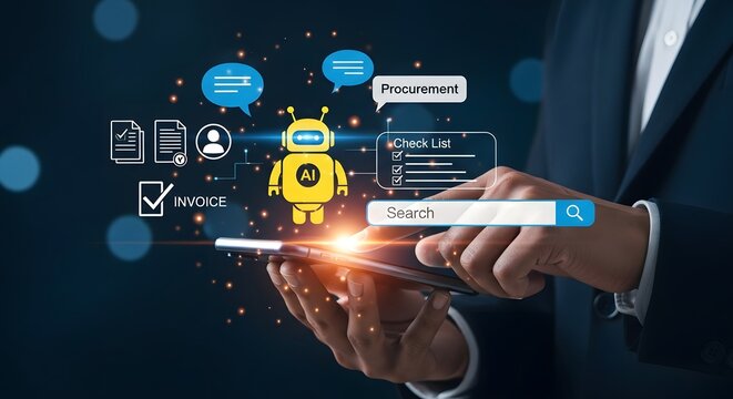 Businessman using a smartphone with ai chatbot interface, showing document, invoice, checklist, and search bar, symbolizing digital transformation and automation in business processes - Powered by Adobe