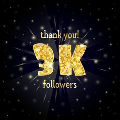 Vector illustration of  gold design for a thank you 3K followers.