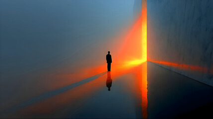 Obraz premium Silhouette of Man Standing in Orange Light by Concrete Wall