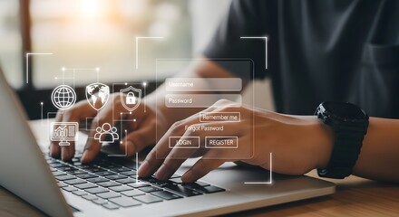 Person typing on a laptop with digital security and network icons overlayed, representing online safety and data protection