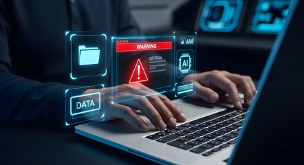Cybersecurity concept hands typing on a laptop with a warning alert and data icons displayed on a futuristic holographic interface, representing cyber threat and data protection