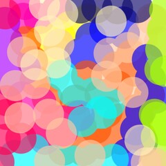 Abstract colorful circle pattern featuring overlapping transparent bubbles in bright tones of pink, blue, orange, yellow, green, and purple. The soft circular layers create a bokeh-inspired background