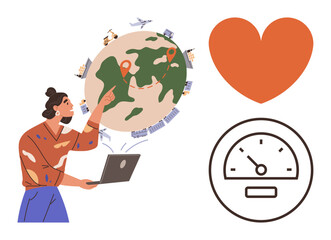 Woman analyzing global logistics on laptop, pinpoints, transportation symbols, speed gauge, heart icon. Ideal for logistics, global trade, sustainability, technology data analysis environmental