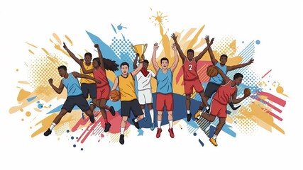 Illustration of a winning basketball team celebrating victory and holding up a trophy - Powered by Adobe