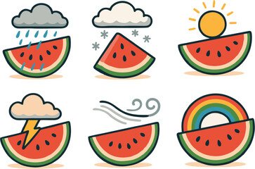 Set of cute cartoon watermelon fruit slices, icons, and vector illustrations for sweet summer food and seamless pattern design